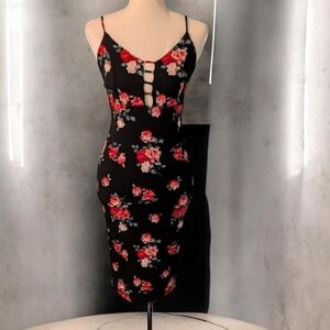 Forever 21 Black Midi Dress with Red and White Floral